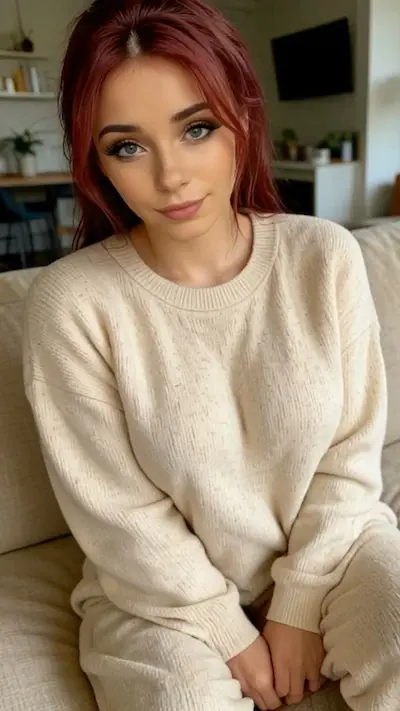 Cozy AI girlfriend in beige sweater — Candy AI